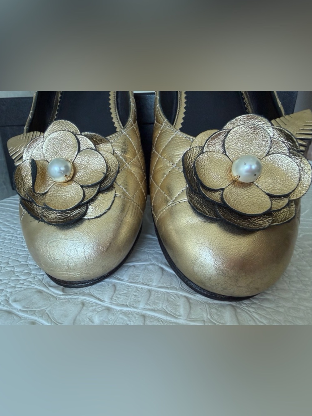 Chanel Gold Metallic Floral Ballet low heels  Flats shoes Size 39,5 - Picture 13 of 16